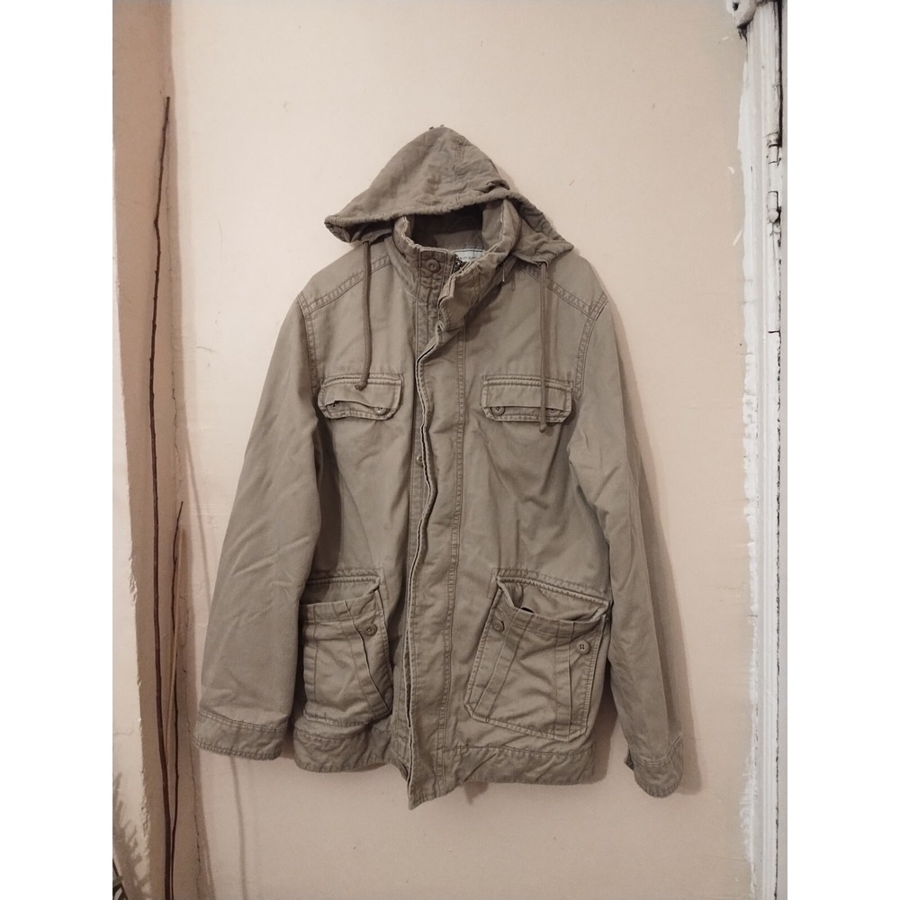 Old navy Canvas Military Field Jacket Midweight Tuck-Away Hood Utility khaki Men
